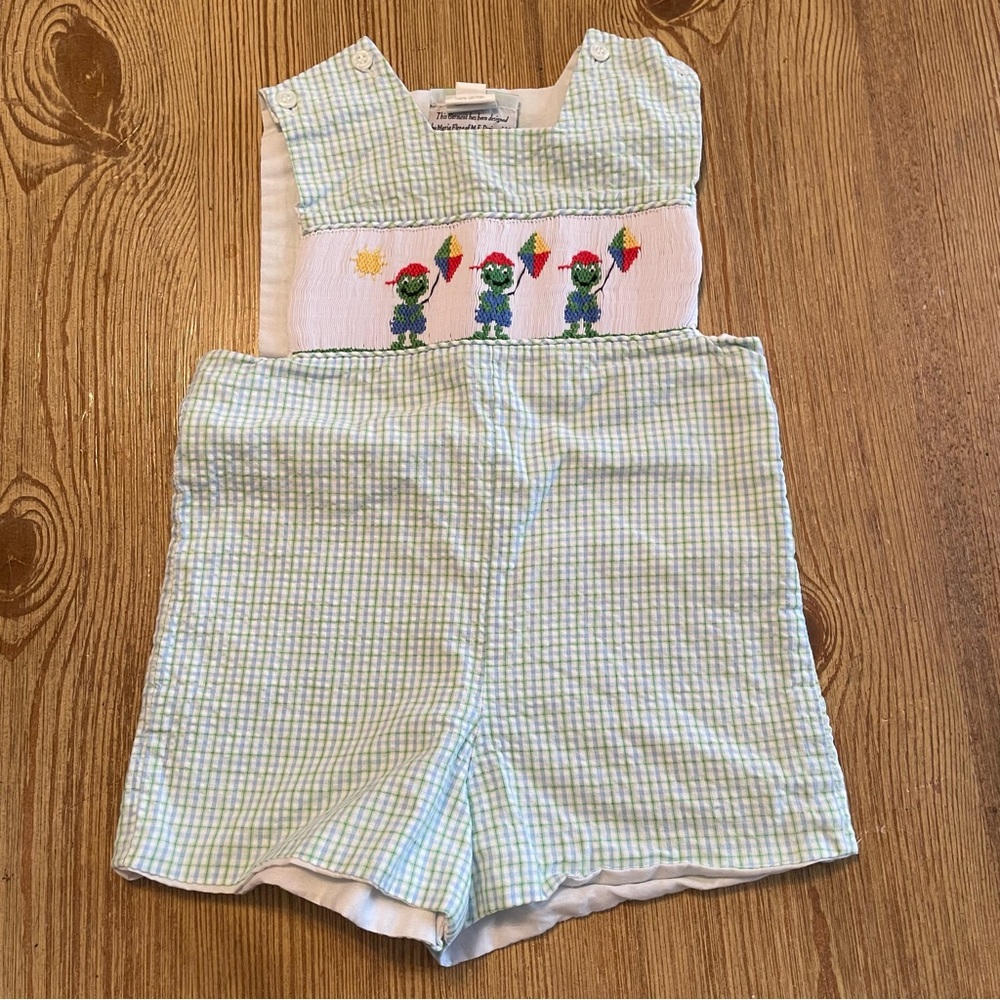 Little Threads Smocked Frog Blue and Green Romper